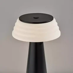 Kirklands Home Outdoor Lighting|Metal Cordless Lamp with White Ribbed Shade Black