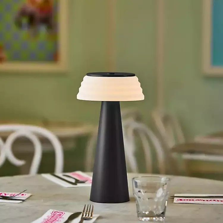 Kirklands Home Outdoor Lighting|Metal Cordless Lamp with White Ribbed Shade Black