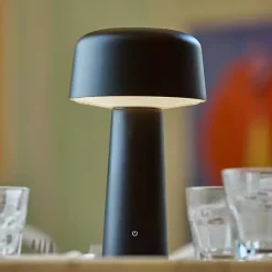 Kirklands Home Outdoor Lighting|Metal Dome Frosted Light Cordless Table Lamp Black