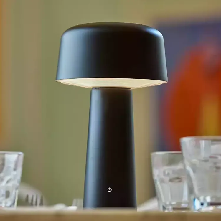 Kirklands Home Outdoor Lighting|Metal Dome Frosted Light Cordless Table Lamp Black