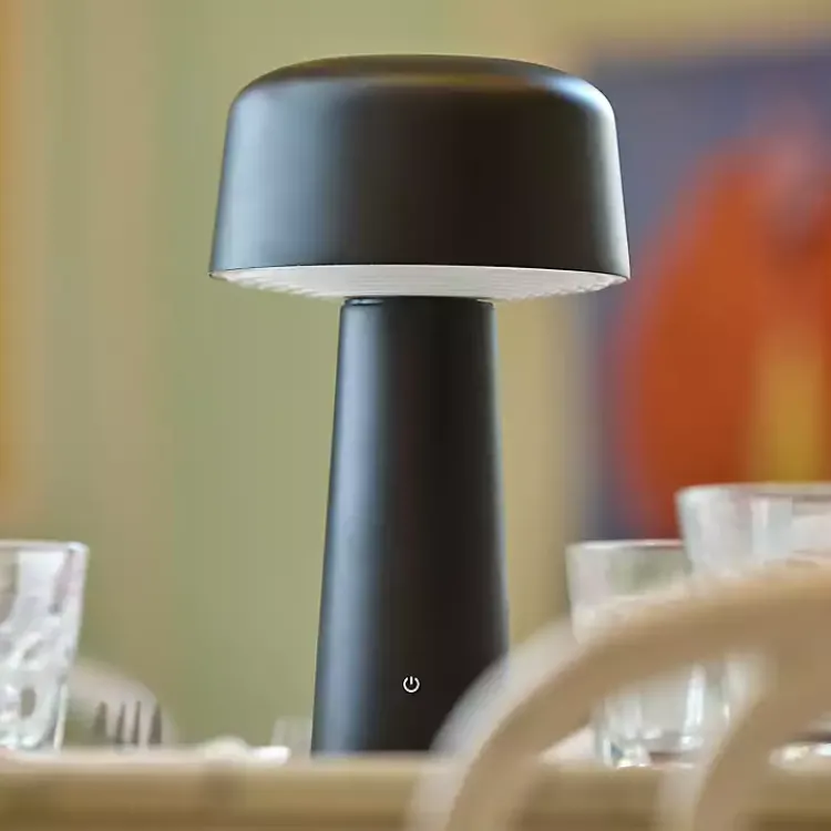 Kirklands Home Outdoor Lighting|Metal Dome Frosted Light Cordless Table Lamp Black