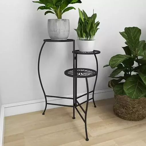 Kirklands Home Planters|Metal Floral 3-Tier Plant Stand Black