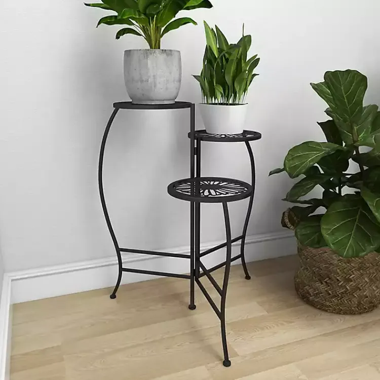 Kirklands Home Planters|Metal Floral 3-Tier Plant Stand Black