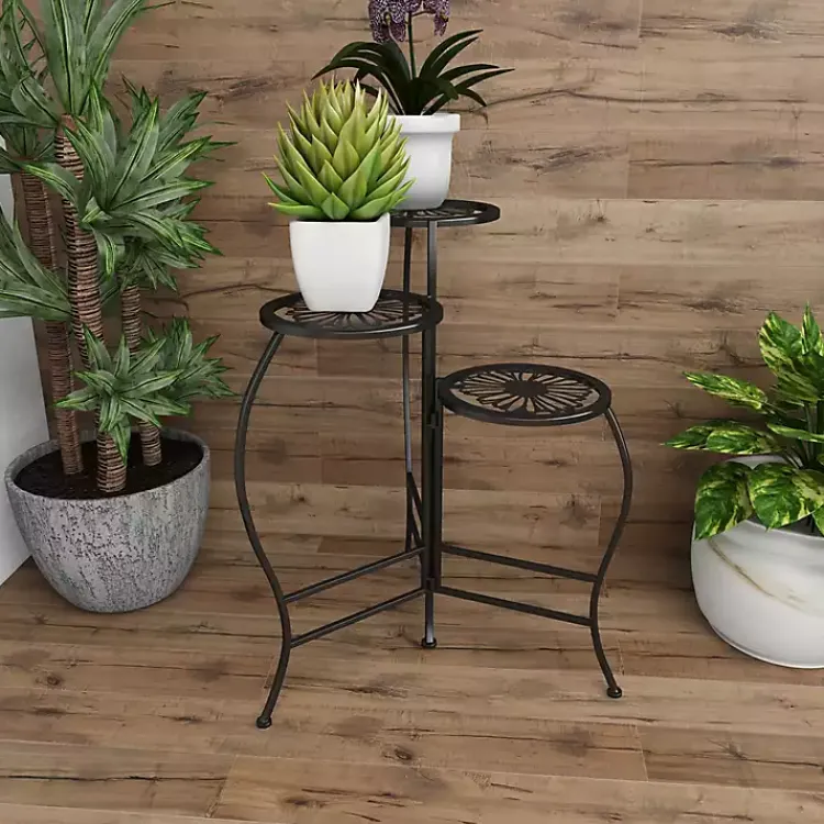 Kirklands Home Planters|Metal Floral 3-Tier Plant Stand Black