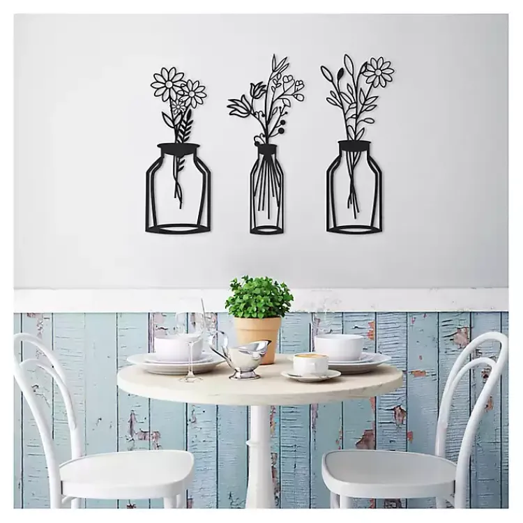 Kirklands Home Wall Plaques|Metal Floral Vase Wall Plaques, Set of 3 Black
