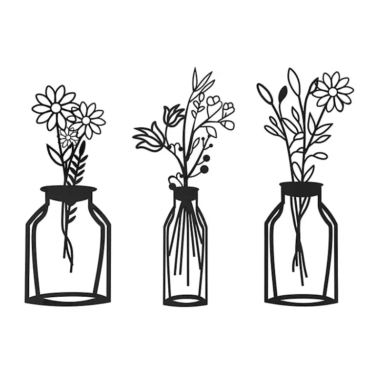 Kirklands Home Wall Plaques|Metal Floral Vase Wall Plaques, Set of 3 Black