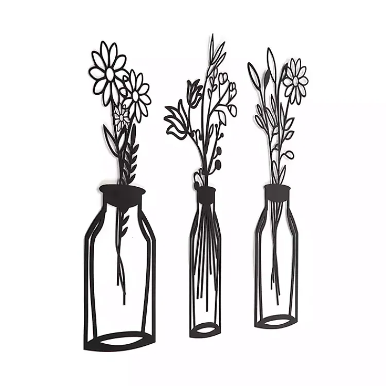Kirklands Home Wall Plaques|Metal Floral Vase Wall Plaques, Set of 3 Black