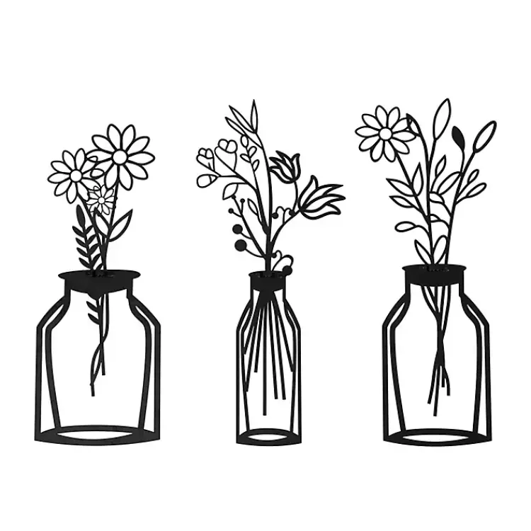 Kirklands Home Wall Plaques|Metal Floral Vase Wall Plaques, Set of 3 Black