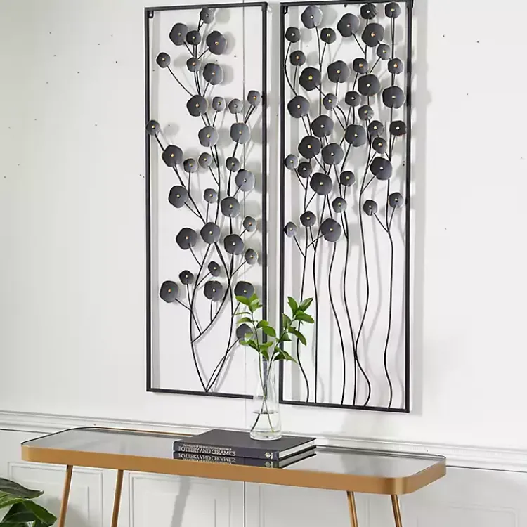 Kirklands Home Wall Plaques|Metal Floral Wall Plaques, Set of 2 Black