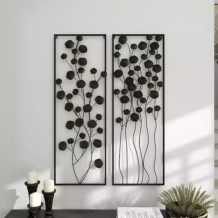 Kirklands Home Wall Plaques|Metal Floral Wall Plaques, Set of 2 Black