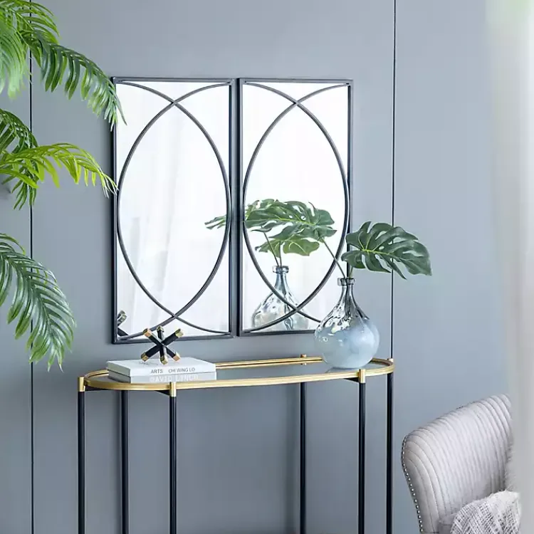 Kirklands Home Decorative Mirrors|Black Metal Geometric Wall Mirrors, Set of 3