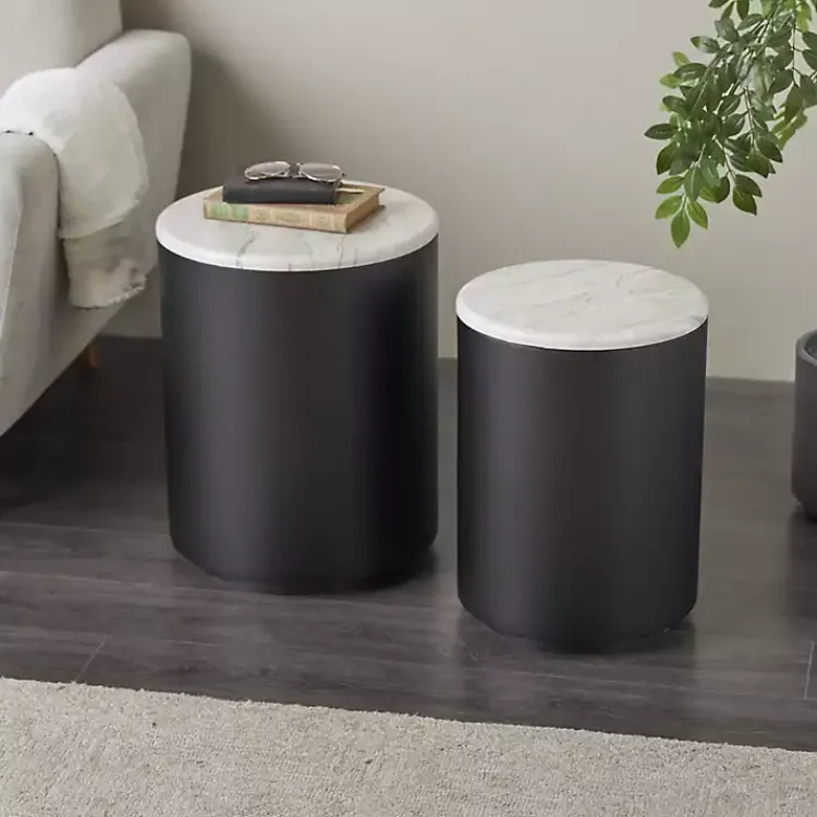 Kirklands Home Accent & End Tables|Black Metal Marble Nesting Accent Tables, Set of 2 White