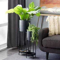 Kirklands Home Planters|Metal Plant Stands with Shelves, Set of 2 Black