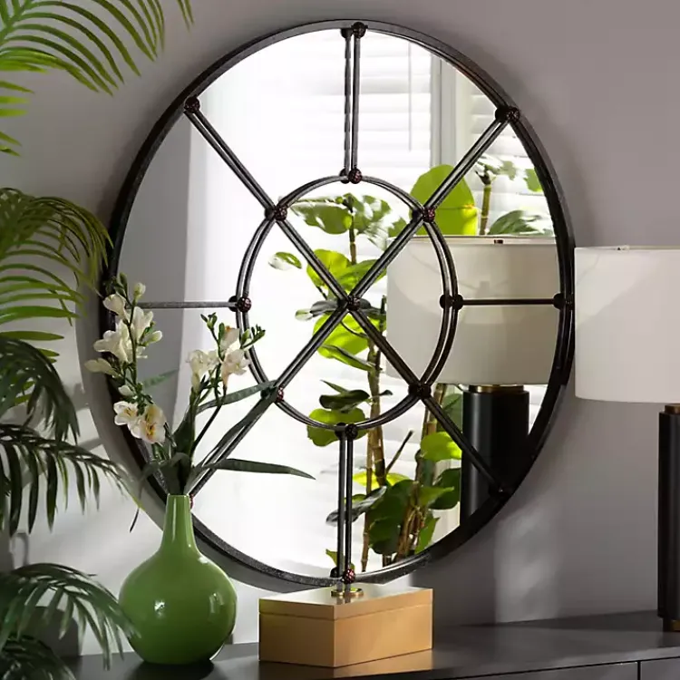 Kirklands Home Decorative Mirrors|Metal Round Geometric Pane Wall Mirror Black