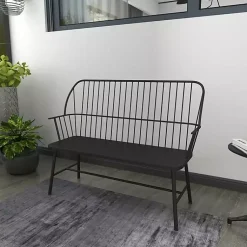 Kirklands Home Outdoor Seating|Metal Slatted Back Outdoor Bench Black