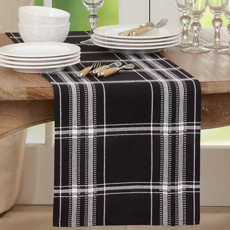 Kirklands Home Table Linens|Plaid Cotton Table Runner, 72 in. Black