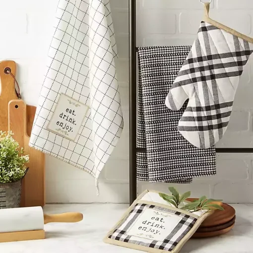 Kirklands Home Kitchen Accessories|Black Plaid Eat Drink Enjoy 4-pc. Dish Towel Set
