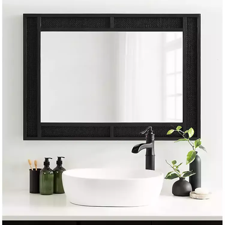 Kirklands Home Decorative Mirrors|Rattan Textured Rectangle Wall Mirror Black