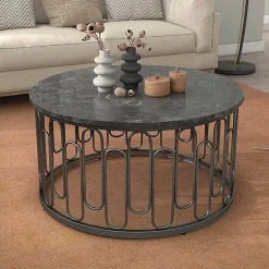 Kirklands Home Coffee Tables|Stone and Metal Geometric Coffee Table Black