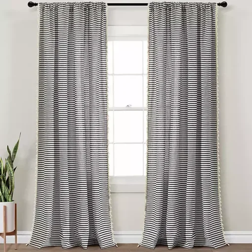 Kirklands Home Curtains & Drapes|Black Striped Tassel Curtain Panel Set, 84 in.