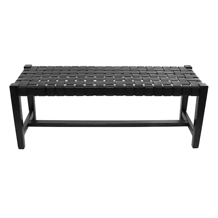 Kirklands Home Benches & Ottomans|Teak Wood and Leather Bench Black