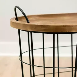 Kirklands Home Accent & End Tables|Wire and Natural Wood Basket Side Table Black