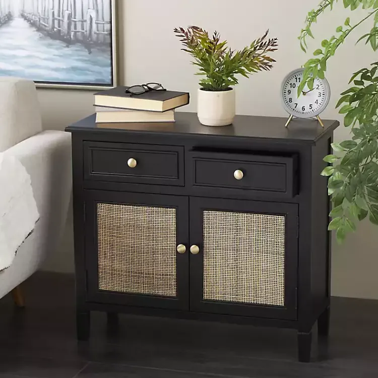 Kirklands Home Cabinets & Sideboards|Wood & Natural Rattan 2-Door Cabinet Black