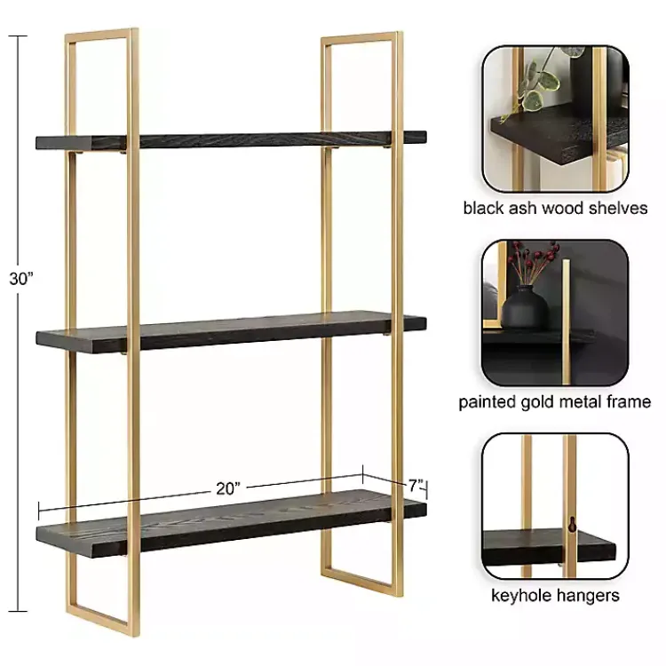 Kirklands Home Shelves|Black Wood and Gold Metal Leigh Wall Shelf