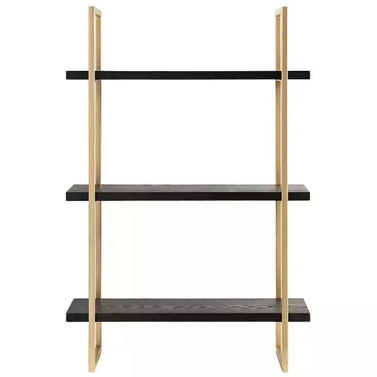 Kirklands Home Shelves|Black Wood and Gold Metal Leigh Wall Shelf