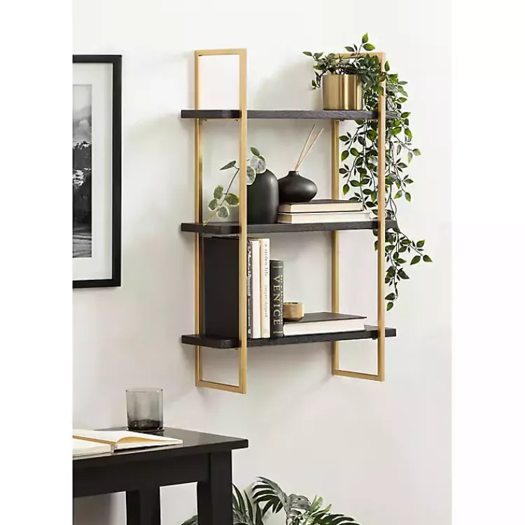 Kirklands Home Shelves|Black Wood and Gold Metal Leigh Wall Shelf