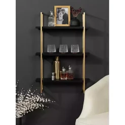 Kirklands Home Shelves|Black Wood and Gold Metal Leigh Wall Shelf