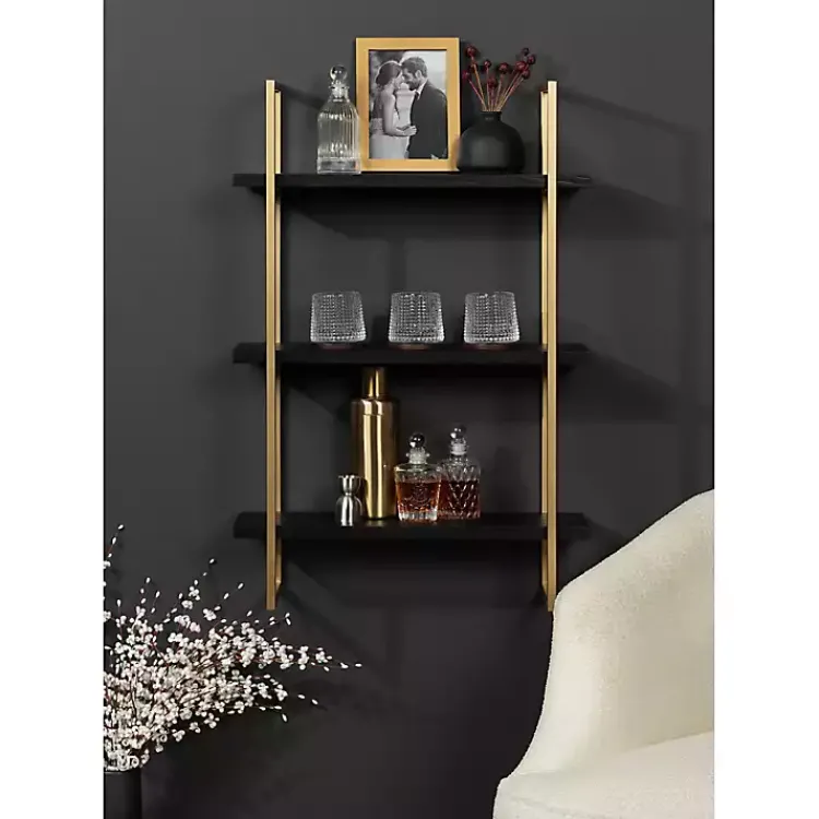 Kirklands Home Shelves|Black Wood and Gold Metal Leigh Wall Shelf