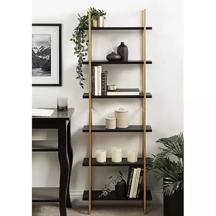 Kirklands Home Shelves|Black Wood and Gold Metal Leigh Wall Shelf