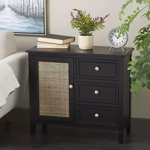 Kirklands Home Cabinets & Sideboards|Wood and Natural Rattan Cabinet Black