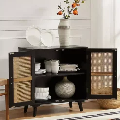Kirklands Home Cabinets & Sideboards|Wood and Rattan Carpinteria Cabinet Black