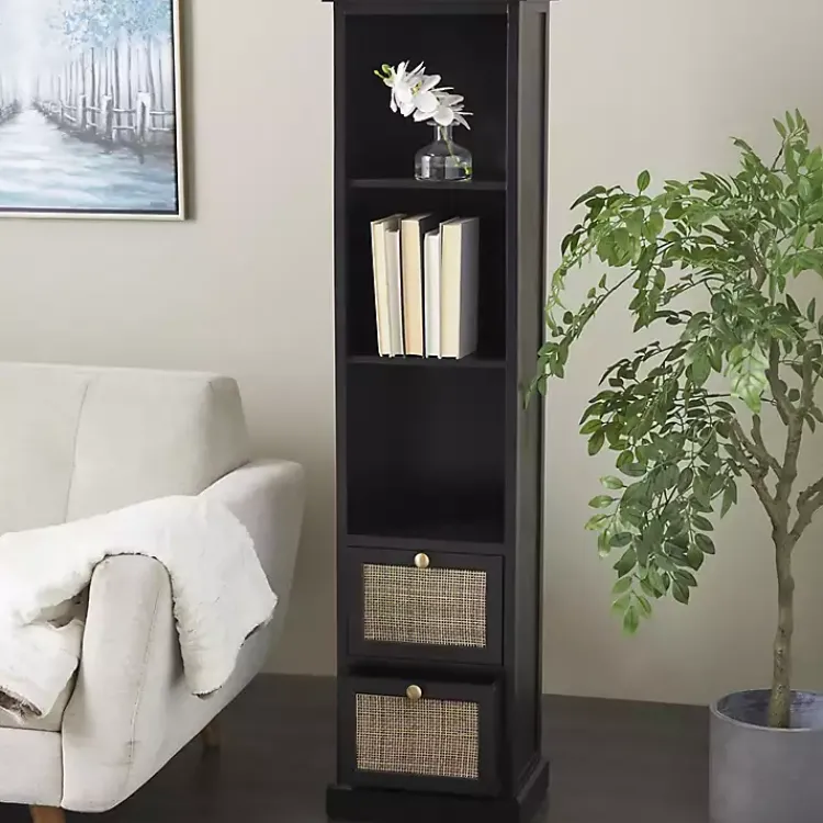 Kirklands Home Bookshelves|Wood and Rattan 3-Tier Bookcase Black