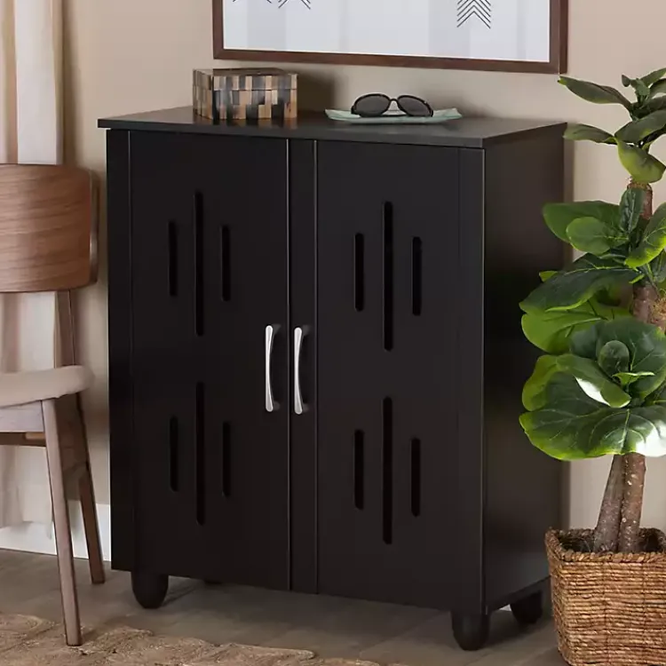 Kirklands Home Entryway Furniture|Wood Cut-Out Shoe Storage Cabinet Black