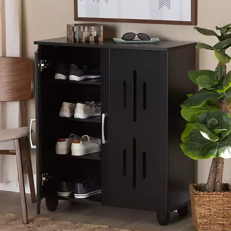 Kirklands Home Entryway Furniture|Wood Cut-Out Shoe Storage Cabinet Black