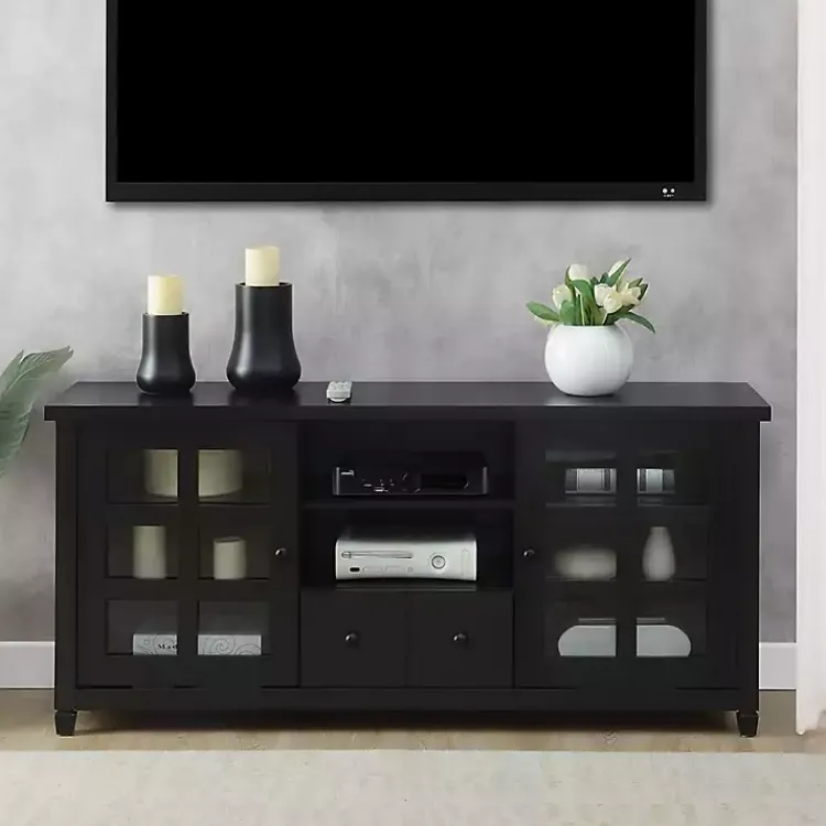 Kirklands Home Tv Stands & Media Consoles|Wood 2-Door Windowpane Media Cabinet Black