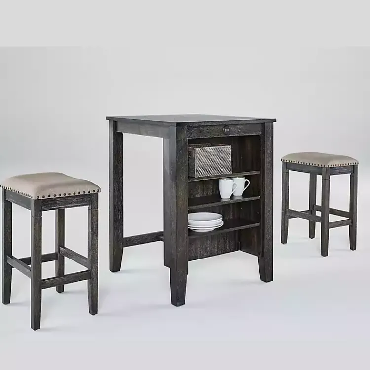 Kirklands Home Kitchen Islands & Bar Carts|Black Wood Linen 3-pc. USB Island and Stool Set