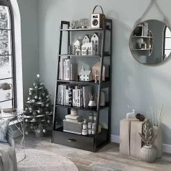 Kirklands Home Bookshelves|Wood 5-Shelf Leaning Bookshelf Black