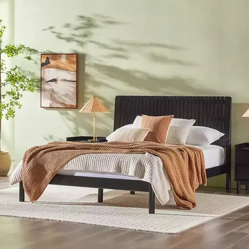 Kirklands Home Beds & Headboards|Wood Slatted Mid-Century Modern Queen Bed Black