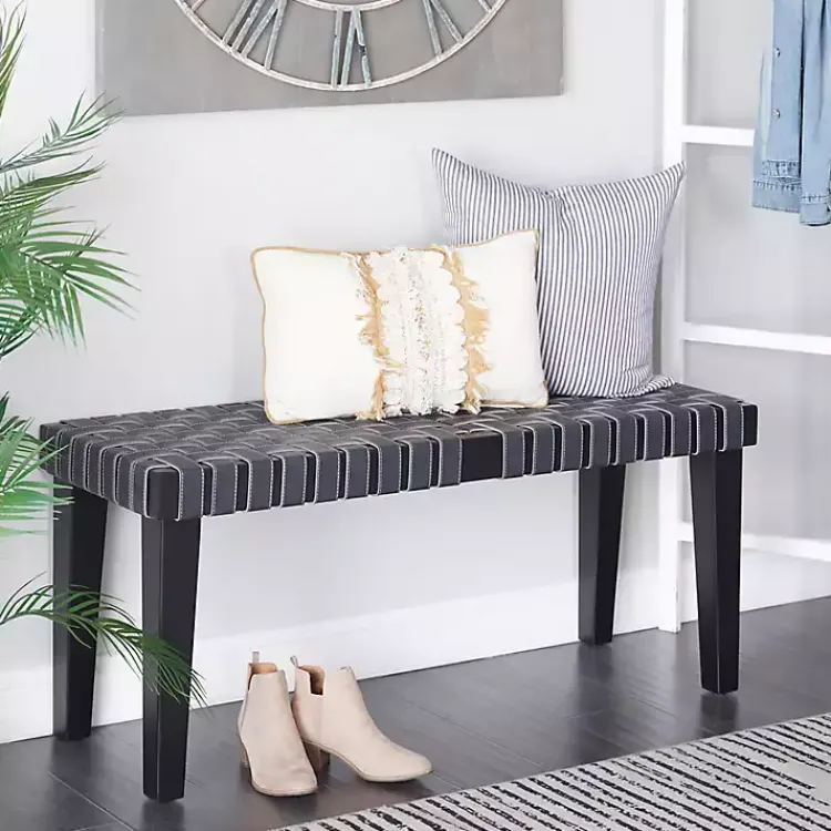 Kirklands Home Entryway Furniture|Woven Faux Leather Bench Black