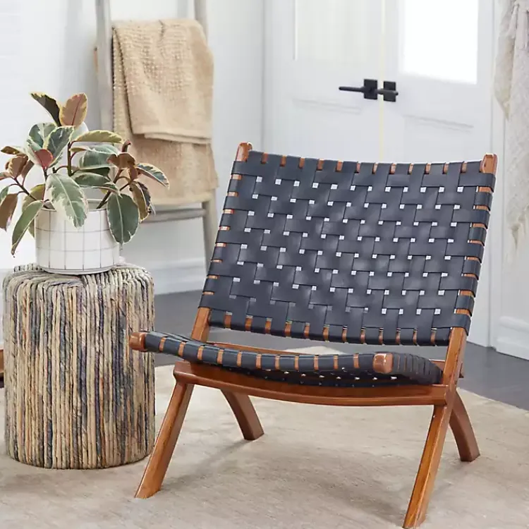Kirklands Home Accent Chairs|Woven Leather Folding Accent Chair Black