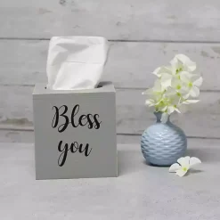 Kirklands Home Bathroom Accessories|Bless You Wood Tissue Box Cover Gray