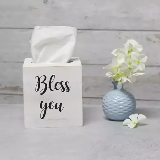 Kirklands Home Bathroom Accessories|Bless You Wood Tissue Box Cover White