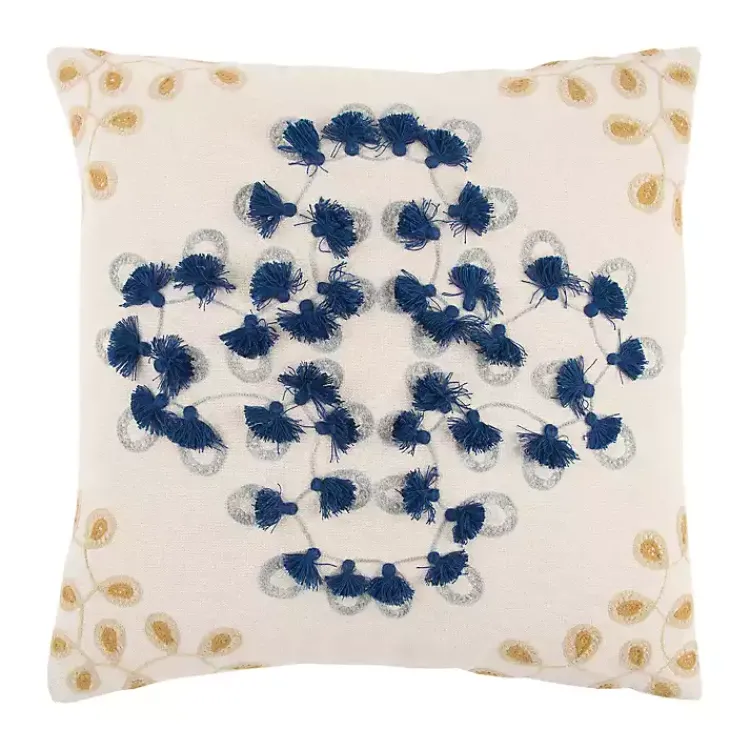 Discount Blue and Gold Floral Fringe Pillow Pillows