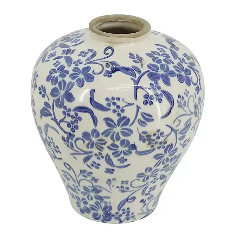 Hot Blue and White Floral Urn Ceramic Vase, 10 in. Vases