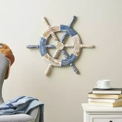 Kirklands Home Wall Plaques|Blue and White Ship Wheel Wall Plaque