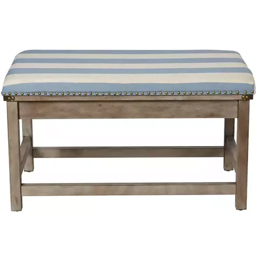 Kirklands Home Benches & Ottomans|Blue and White Striped Upholstered Wood Bench